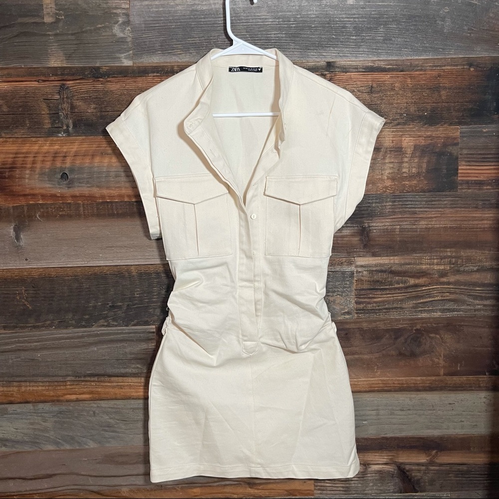 ZARA Ivory Pleated Structured Dress Size Small